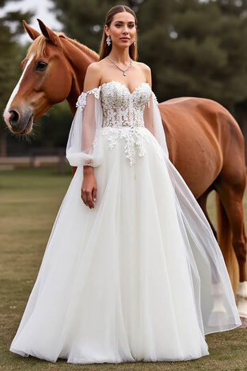 White Off the Shoulder Lantern Sleeves Boho Sweep Train Wedding Dress with Lace